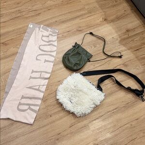 Fluffy Cream Crossbody Bag with Black Strap set